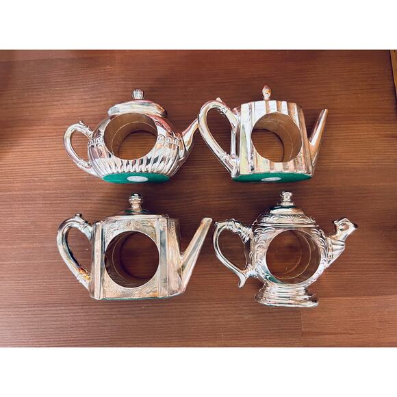 Vintage Museum Re-Creations Silver Plated Teapot Trivet & 8 Napkin Rings Set Tea